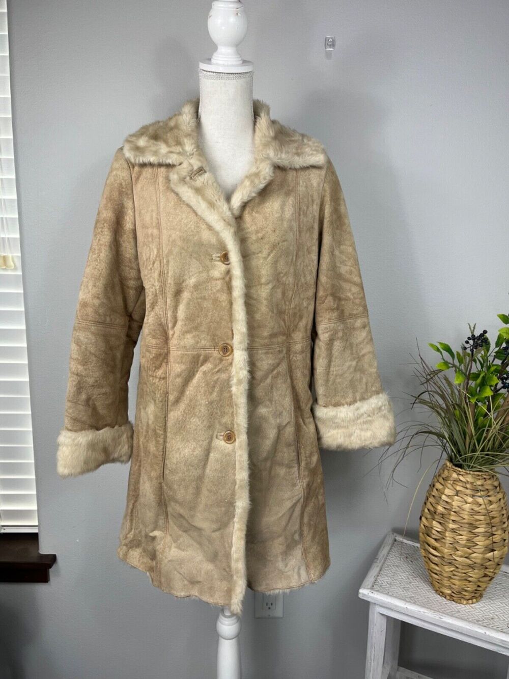 Vintage LNR La Nouvelle Renaissance Petite/S Leather Tan Suede Fur Collar Coat